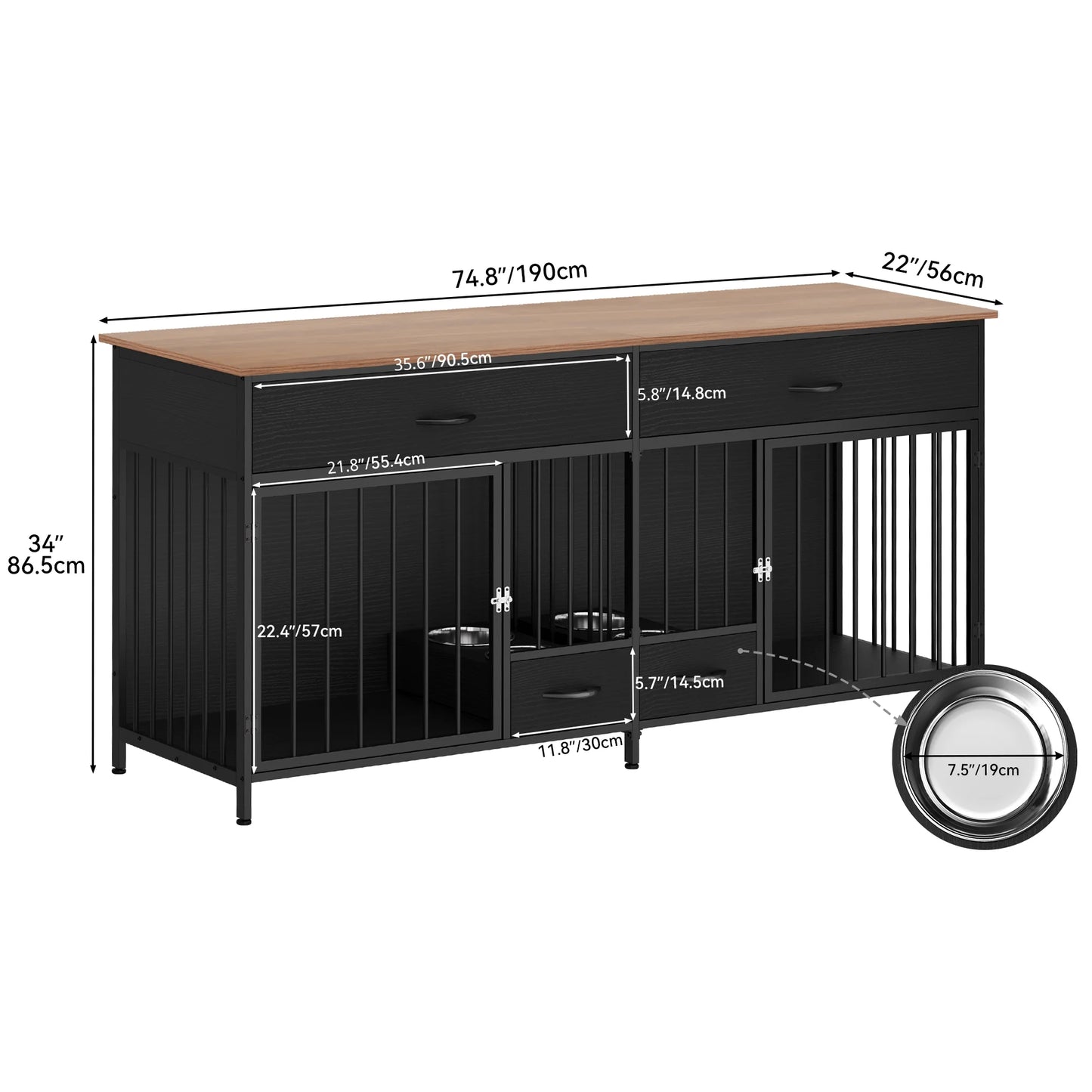 XL Indoor Dog Crate Furniture with Storage & Feeder – Double Wooden Kennel TV Stand for 2 Large Dogs