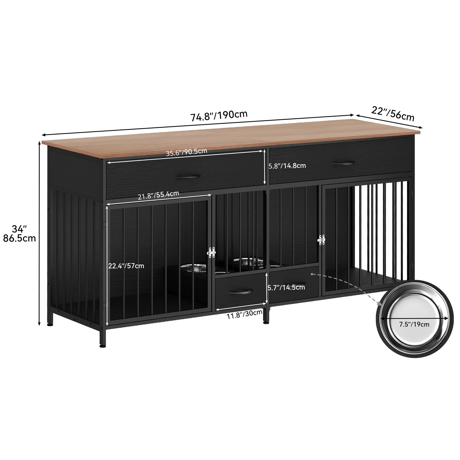 XL Indoor Dog Crate Furniture with Storage & Feeder – Double Wooden Kennel TV Stand for 2 Large Dogs