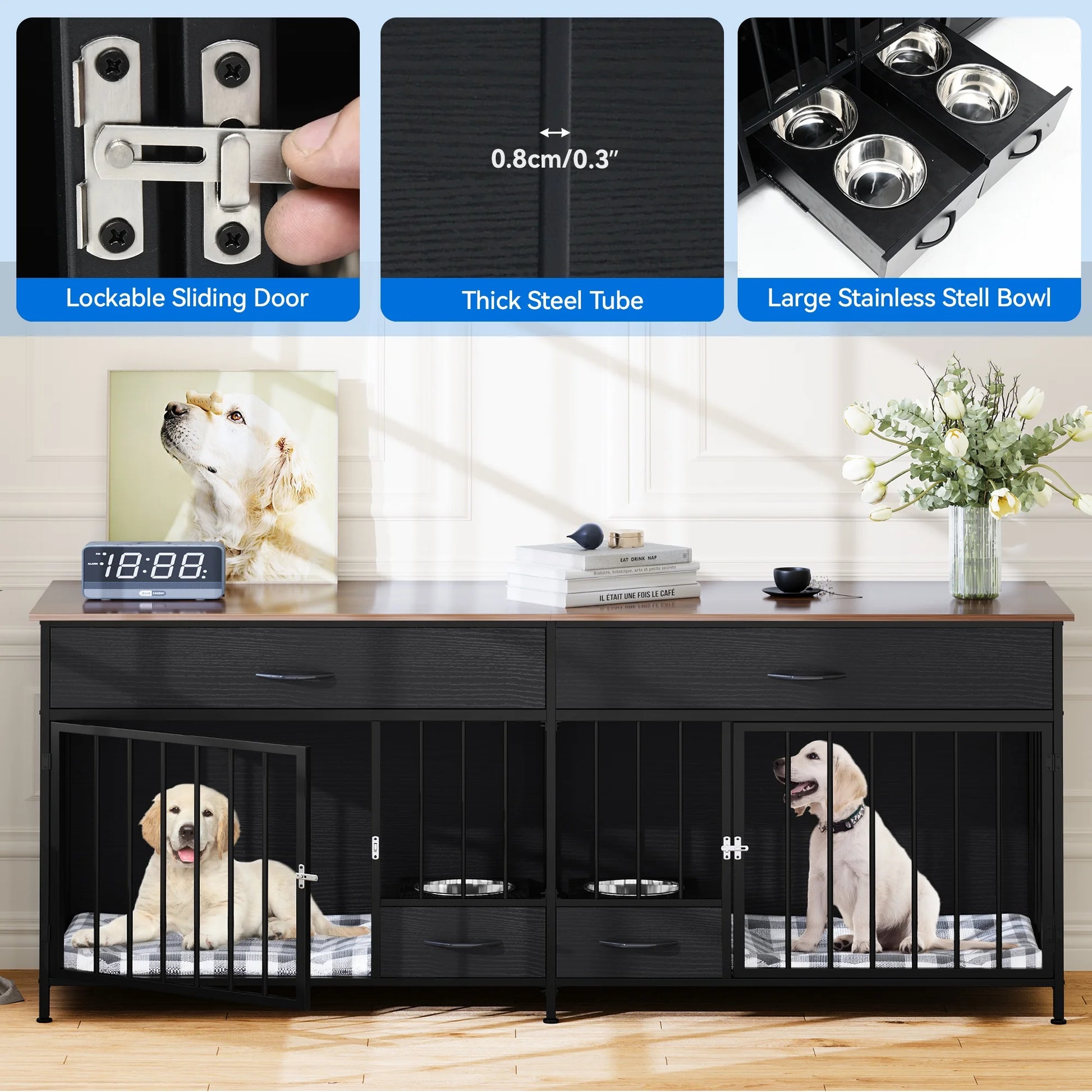 XL Indoor Dog Crate Furniture with Storage & Feeder – Double Wooden Kennel TV Stand for 2 Large Dogs