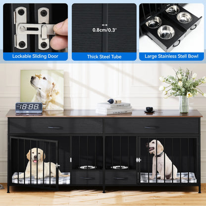 XL Indoor Dog Crate Furniture with Storage & Feeder – Double Wooden Kennel TV Stand for 2 Large Dogs