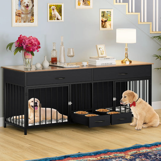XL Indoor Dog Crate Furniture with Storage & Feeder – Double Wooden Kennel TV Stand for 2 Large Dogs