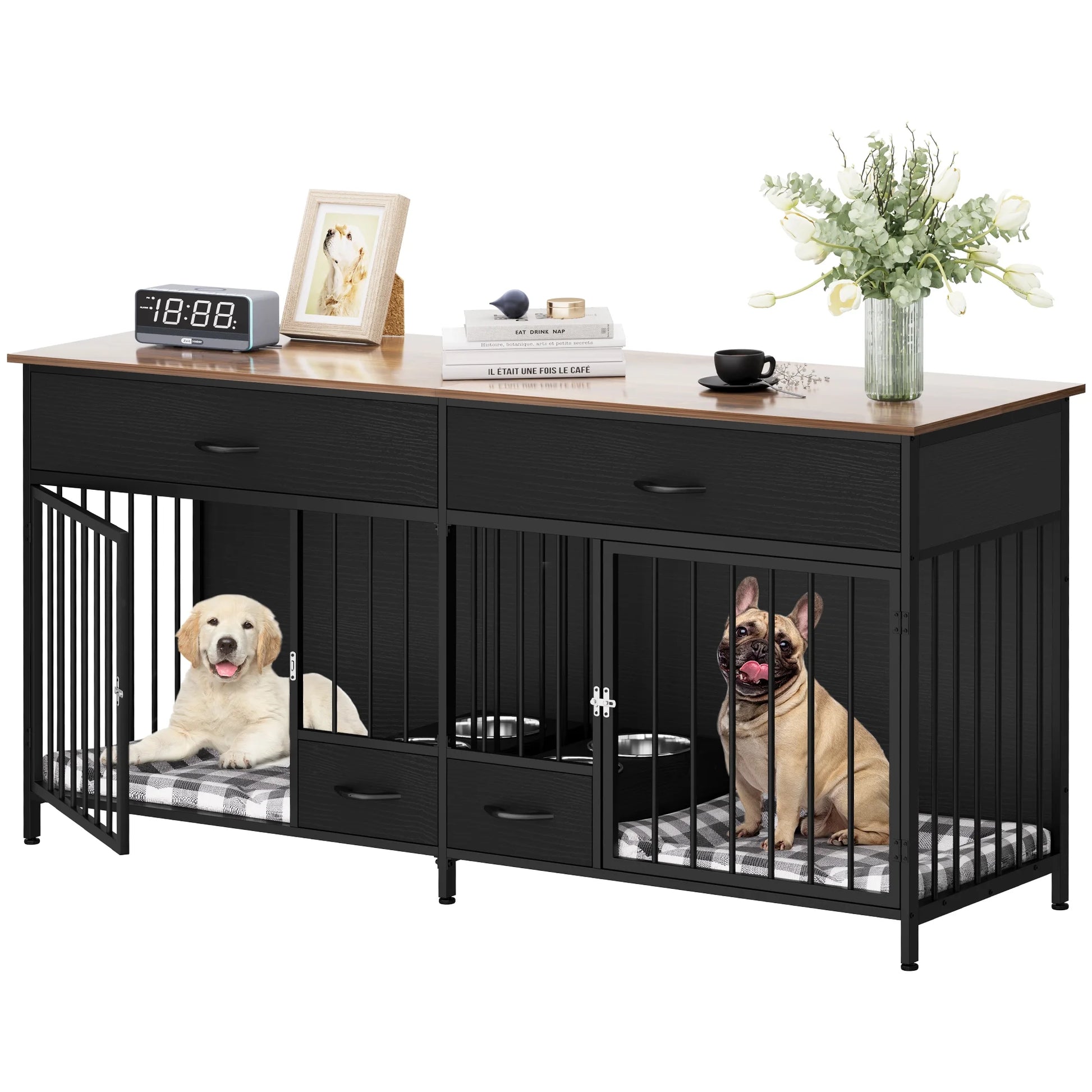 XL Indoor Dog Crate Furniture with Storage & Feeder – Double Wooden Kennel TV Stand for 2 Large Dogs