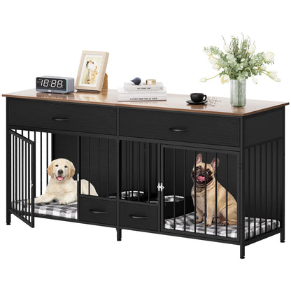 XL Indoor Dog Crate Furniture with Storage & Feeder – Double Wooden Kennel TV Stand for 2 Large Dogs